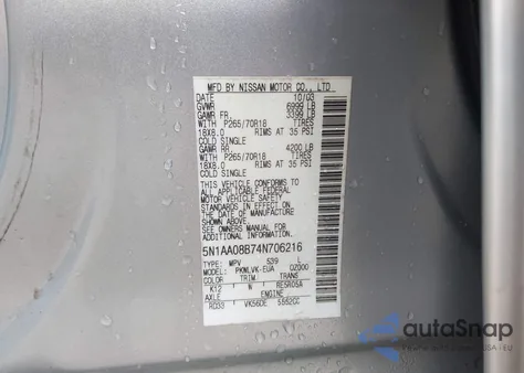 2004 Nissan Pathfinder Armada Le from USA, damaged, VIN 5N1AA08B74N706216